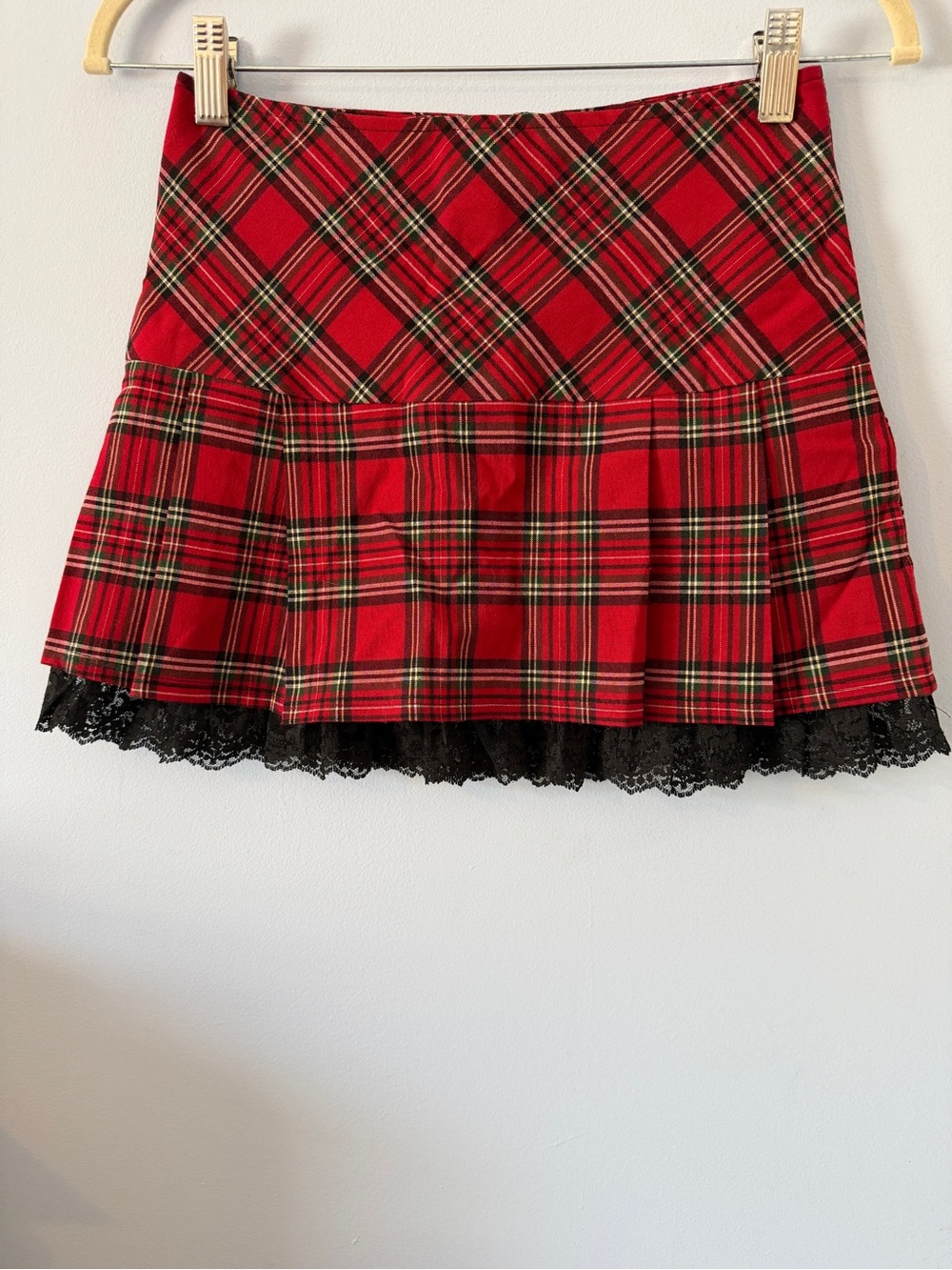 Forever 21 Red Plaid Mini Skirt with Black Lace Hem